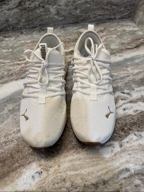 Puma Women’s Off-White Knit Lace-Up Sneakers with Gold Logo